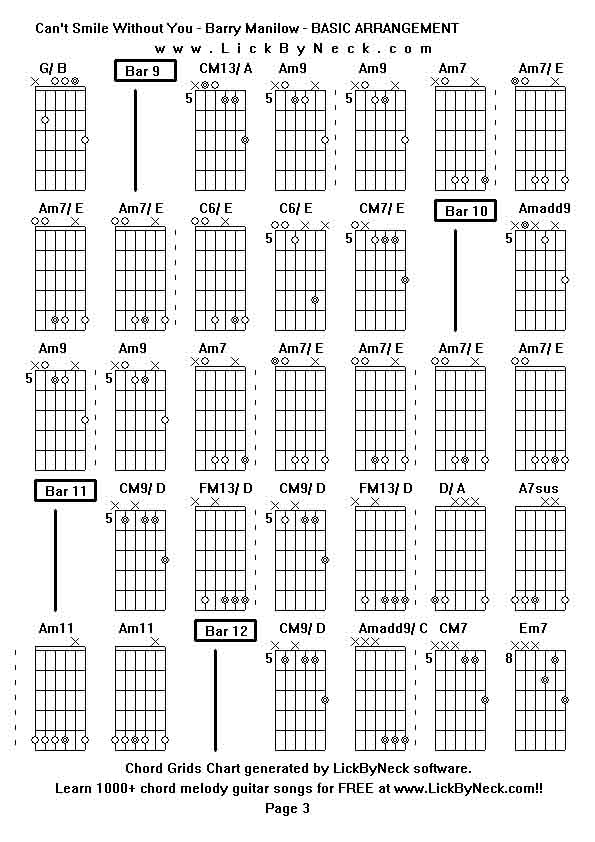 Chord Grids Chart of chord melody fingerstyle guitar song-Can't Smile Without You - Barry Manilow - BASIC ARRANGEMENT,generated by LickByNeck software.